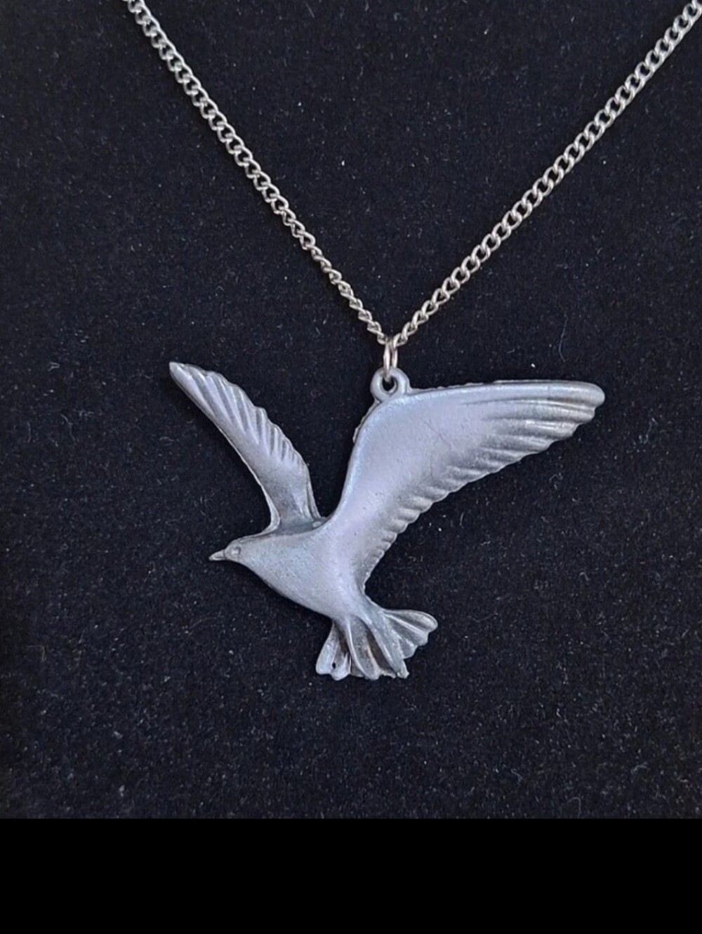 1980s Pewter Flying Seagull/Bird Pendant On Silver Tone Necklace.